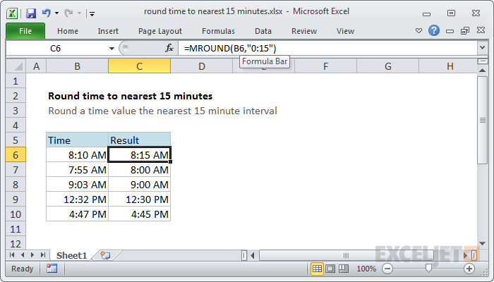 Round time to nearest 15 minutes Excel formula Exceljet